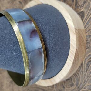 Vintage Mother of Pearl Blue Brass Bangle Bracelet